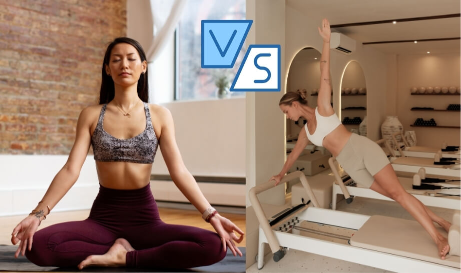 A split image comparing yoga and Pilates: on the left, a woman sits in a cross-legged meditation pose for yoga; on the right, a woman performs a side plank on a Pilates reformer machine, symbolising the contrast between mindfulness and strength-focused training.
