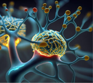 Digital illustration of nerve cells with glowing synapses, representing the complex neurological processes behind pain as explained by modern pain science.