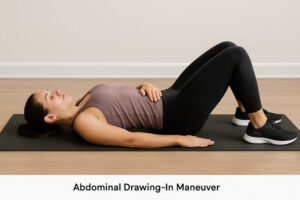 Individual lying on back engaging core with abdominal drawing-in technique.