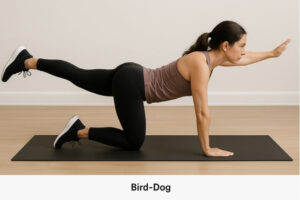 Person doing bird-dog exercise on yoga mat to strengthen deep core muscles.