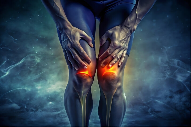 Person holding painful knees illustrating tendinopathy pain management and tendon overload symptoms