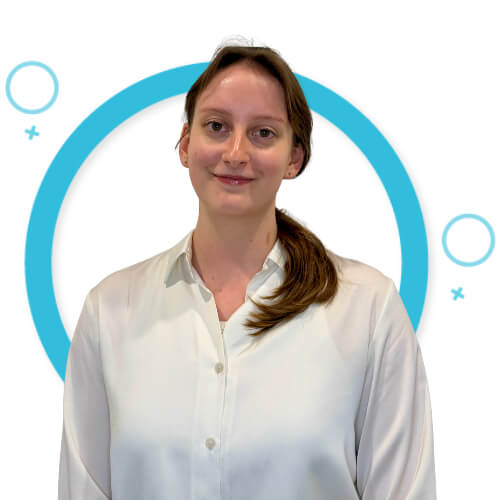 Alison Glaister portrait in front of blue circle design