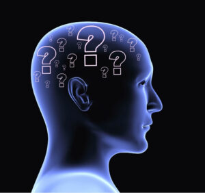 Illustration of a human head with question marks, representing uncertainty about pain worse at night and how the nervous system processes pain.